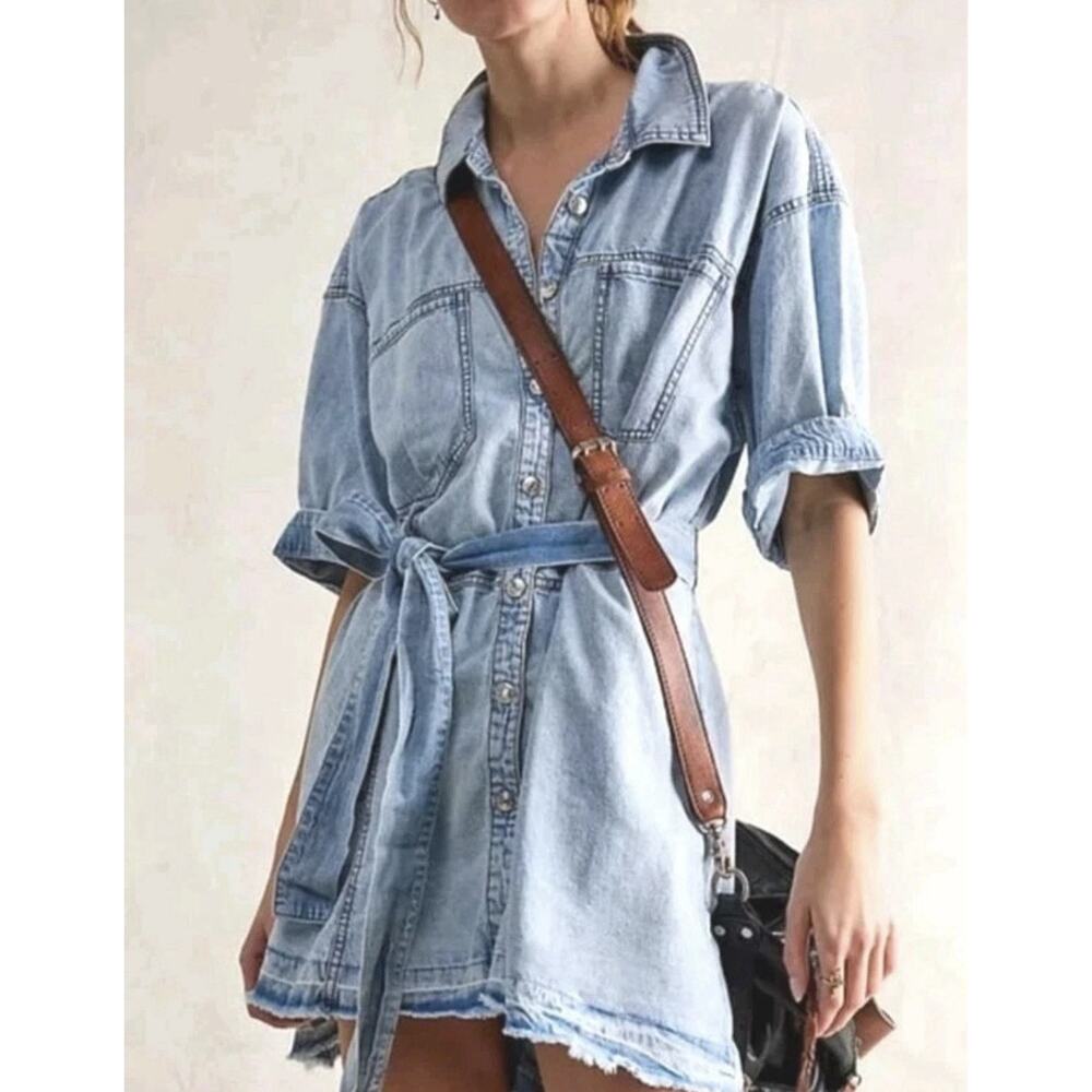 We The Free Light Wash Denim Midi Shirt Dress
